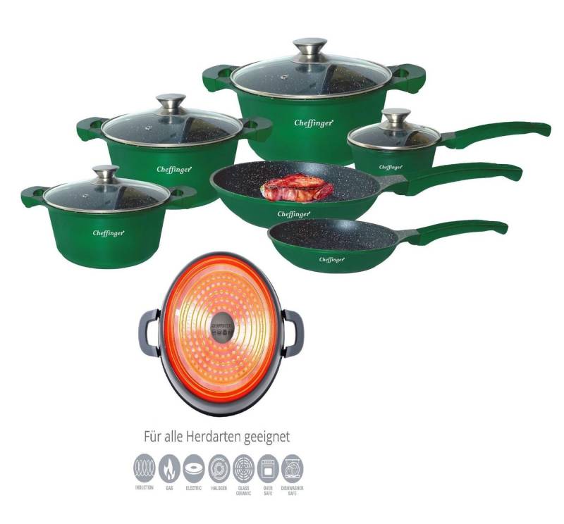 Cheffinger Topf-Set Kochtopf Kasserolle Bratpfannen Set 10-tlg grün Glasdeckel Cheffinger, Material: Aluminium, Stahl, Glas (Kochtopfset bestehend aus 10 Teilen) von Cheffinger