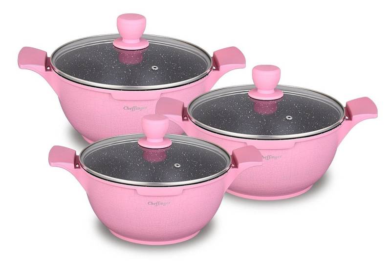Cheffinger Topf-Set Kochtopf Kasserolle Topf Set 6-tlg mit Glasdeckel Cheffinger pink, Material: Aluminium, Stahl, Glas (Koch-Set bestehend aus 6 Teilen) Cheffinger Topf-Set Kochtopf Kasserolle Topf Set 6-tlg mit Glasdeckel Cheffinger pink, Material: Aluminium, Stahl, Glas (Koch-Set bestehend aus 6 Teilen) von Cheffinger