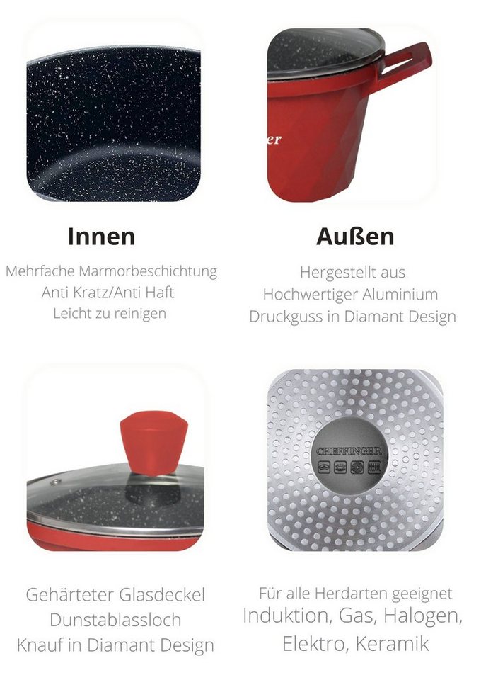 Cheffinger Topf-Set Kochtopf Kasserolle Topf Set 6-tlg rot Glasdeckel Induktion, Material: Aluminium, Glas von Cheffinger