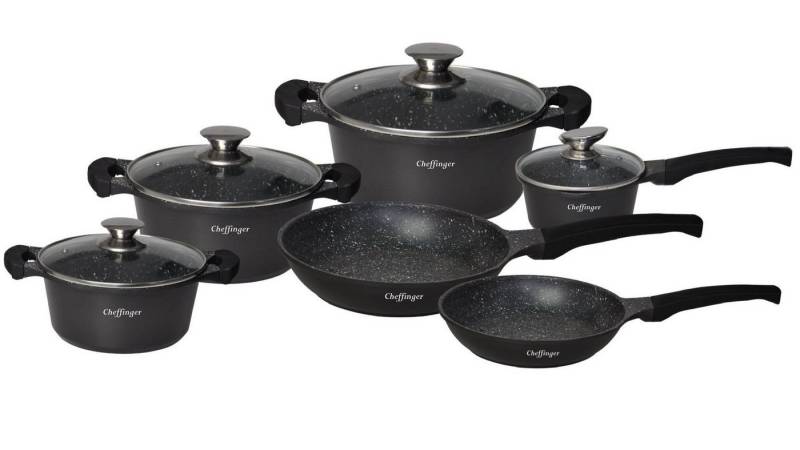 Cheffinger Topf-Set Kochtopf Topf Pfannen Set Kochgeschirr 10-tlg Alu-Guss Cheffinger, Aluminium-Guss, Glas von Cheffinger