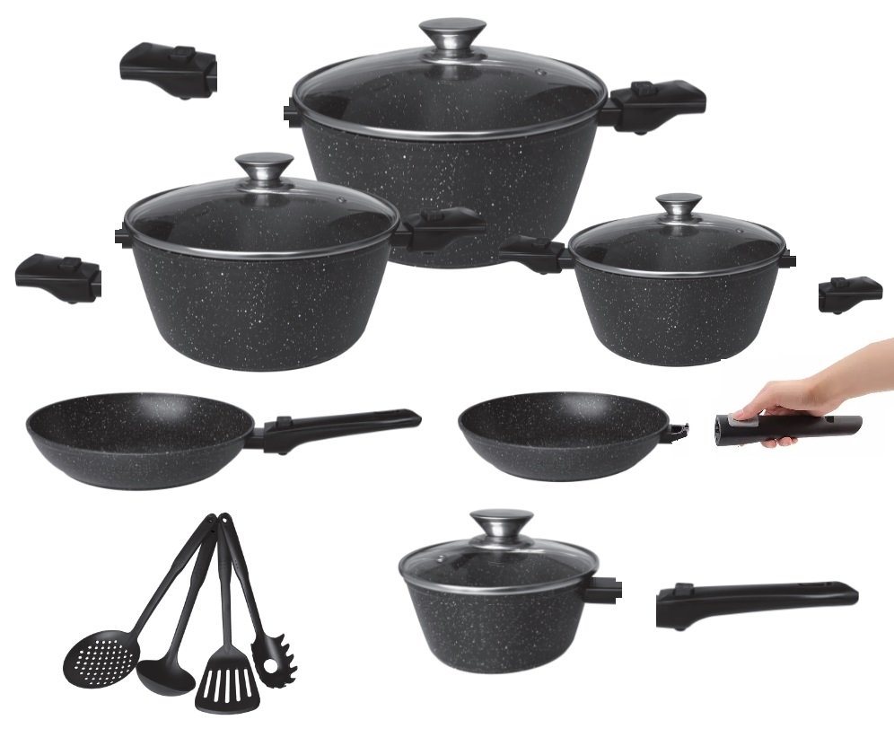 Cheffinger Topf-Set XXL 14 tlg Kochtopfset Abnehmbare Griffe Pfanne +4 Küchenhelfer, (14-tlg) von Cheffinger