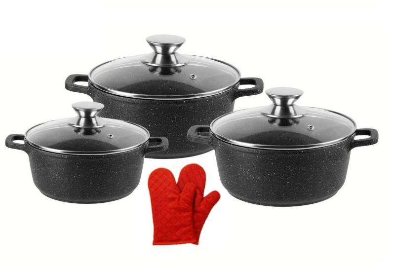 Cheffinger Topf-Set XXL Kochtopf Kasserolle Topf Set 6-tlg schwarz Glasdeckel Cheffinger, Material: Aluminium, Glas (Set bestehend aus 3 Töpfen, 3 Glasdeckeln und 1 Paar Handschuhen) von Cheffinger