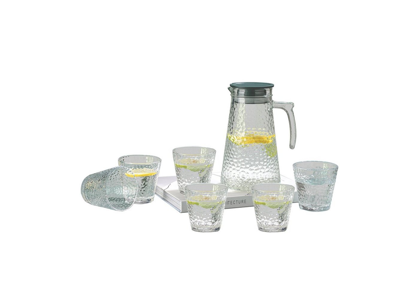 Cheffinger Wasserkaraffe 1,8 Liter Krug Karaffe 6 Gläser je 250ml Glas 7 tlg Set, (7-tlg) von Cheffinger