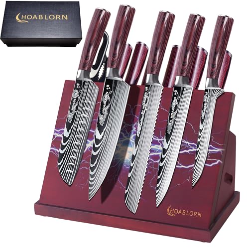 ChefHoablorn Küchenmesser Set mit Block 15pcs Messerblock mit Messer Akazienmesser Halter mit Starkem Magnetherz, Messerset mit block,für Housewarming und Hochzeitsgeschenke von Chefhoablorn