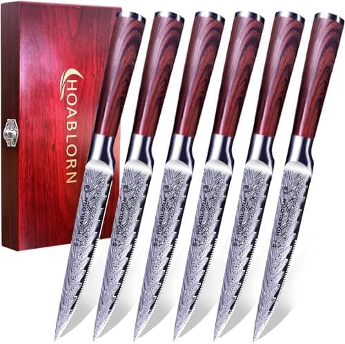 Chefhoablorn 6-Teilig Damaszener Steakmesser Set mit Holzbox, Deutsche Edelstahl Steak Messer aus Rostfreiem Spezialklingenstahl mit Wellenschliff und Geschenkbox von Chefhoablorn