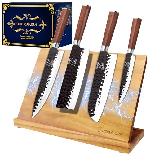 Magnetisches Messerblock-Set Kitchen Messerset 4PCS Deutsche Edelstahl-Küchenmesser gehämmerte Schmiedekunst Kraftvoller Magnet innen rutschfeste Basis Stabil und zuverlässig Schönes Geschenkset von Chefhoablorn