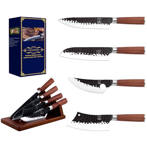 Messer-Set aus geschmiedetem deutschem Edelstahl 4-teilig mit modernem Messerblock, einzigartigem Design und Praktikabilität, leicht zu greifen, Chef Messer Japanisches Messer, Hackmesser von Chefhoablorn