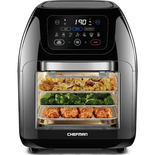 Chefman Multifunktionale Digitale Heißluftfritteuse + Rotisserie, Dörrautomat, Konvektion, 17 Touchscreen-Voreinstellungen, XL 10L Familiengröße, Automatische Abschaltung, Großes Sichtfenster, Schwarz von Chefman