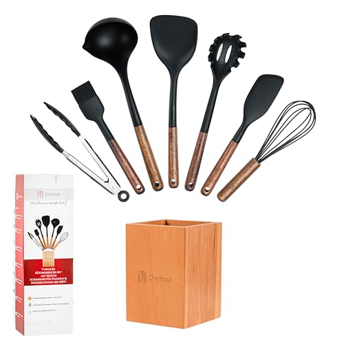 Chefstair® Küchenhelfer Set – 7-teilig | Nachhaltig & BPA-frei | FSC-zertifiziertes Akazienholz & Hitzebeständiges Silikon | Anti-Kratzer & Spülmaschinenfest | Perfekt für Pfannen & Töpfe von Chefstair