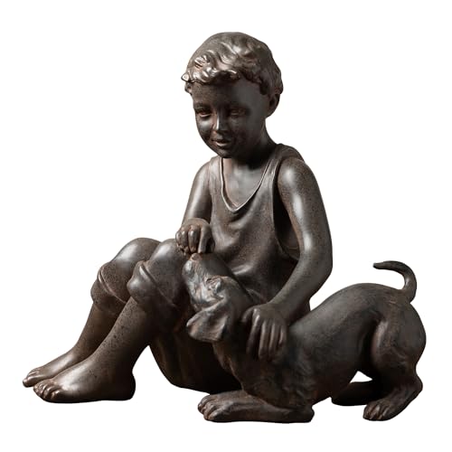 CHEHOMA - Fesselnde Harzskulptur eines sitzenden Jungen mit Hund - kunstvolles Design, 29 cm Höhe von CHEHOMA