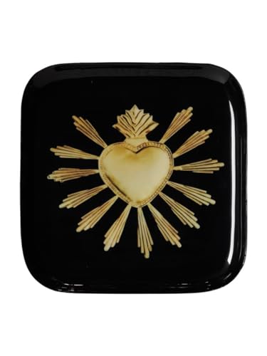 Deko-Tablett aus Metall, schwarz lackiert, leer, mit einem Ex-Voto, in Form eines goldenen Herzens, 16 x 16 cm von CHEHOMA