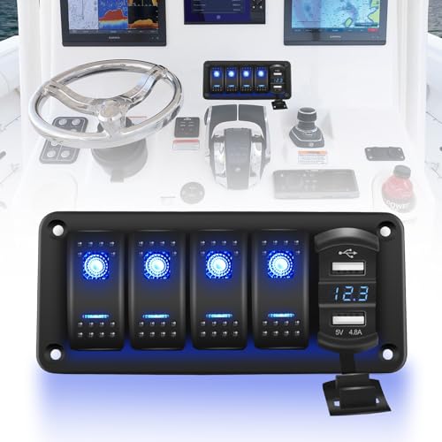 Chelhead 4 Gang Schaltertafel mit Schaltschalter, doppelter USB-Ladegerät 4,8A wasserdicht, mit blauem Hintergrundbeleuchtung, 12V Schaltschalter Panel mit Voltmetermesser-LED, vorverkabelt Chelhead 4 Gang Schaltertafel mit Schaltschalter, doppelter USB-Ladegerät 4,8A wasserdicht, mit blauem Hintergrundbeleuchtung, 12V Schaltschalter Panel mit Voltmetermesser-LED, vorverkabelt von Chelhead