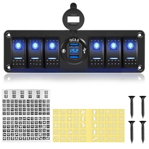 Chelhead 6 Gang Kippschalter Panel Quick Charge 3.0 Dual-USB-Ladegerät Wasserdicht Blau hinterleuchtetes 12V Wippschalter Panel mit Voltmeter LED Vorverdrahtet, kompatibel mit UTV, ATV, SUV von Chelhead