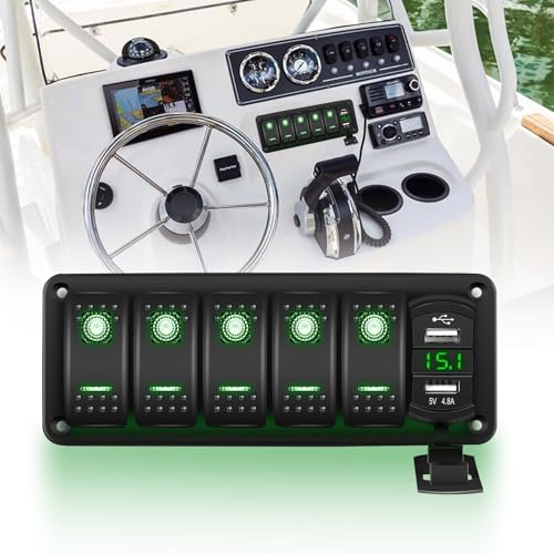 Chelhead 5 Gang Schaltertafel für Boote, doppelter USB-Ladegerät mit grünem LED Hintergrundbeleuchtung, vorverkabelt, Aluminium Schaltschalter Panel mit Voltmetermesser und leuchtenden Etiketten von Chelhead