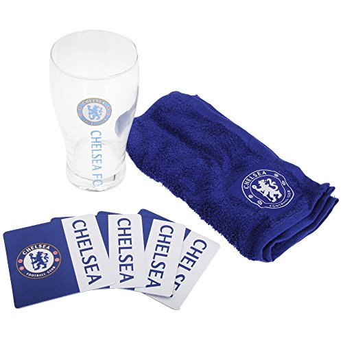 Fußball Bar-Set, Bierglas, Handtuch und Bierdeckel mit Chelsea FC Logo (Einheitsgröße) (Blau/Weiß) von Chelsea