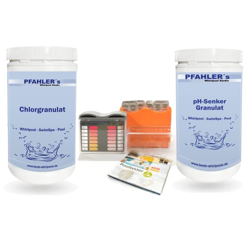 Whirlpool Wasserpflege Sparset, Chlorgranulat schnelllöslich, pH Senker, Pooltester Inkl.Testtabletten. Pool Starterset Swim Spa von Chemoform.