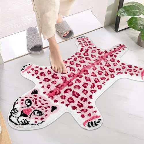 Niedlicher rosa Leoparden-Badematte für Badezimmer, rosa Cartoon-Leoparden-Badezimmerteppiche und -matte, rutschfest, Tierform, Duschteppich, Teppich, Kinderspielmatte, saugfähiger Badewannenteppich von ChenXRug