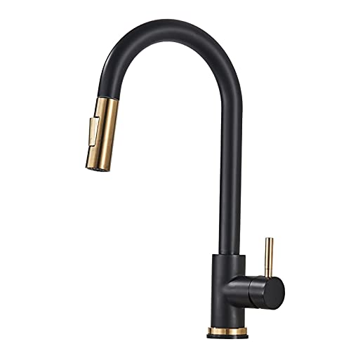 Küchenhahn Messing Küchenarmatur Zwei Funktionen Küchenspüle Mixer 360 Grad Rotation Küchenmischer Tap Pull-out Waschbecken, schwarz gebürstetes Gold von ChenYuNiu