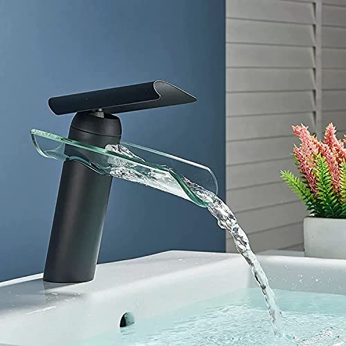 Wasser-Tap Messing Wasserhahn matt schwarz Wasserfall Basin Wasserhahn Chrom Glas Wasserfall Wasserfall Heißer kaltes Wassermischer Hahn für Badezimmer Eingriff Mixer Hahn von ChenYuNiu