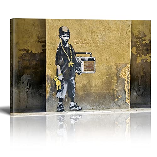 Banksy Bilder Hip Hop Kid Banksy Wandbilder XXL Leinwand-Bild Graffiti Street Art Modern Bild für Wohnzimmer Büro fertig Home Wanddekoration zum Aufhängen Mit Rahmen（40×60cm）15.7×23.6 Zoll von Chenbing Art