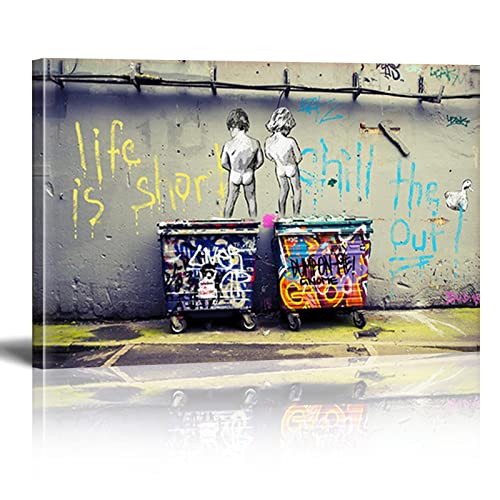Banksy Bilder Life Is Short Banksy Wandbilder XXL Leinwand-Bild Graffiti Street Art Print Modern Bild für Wohnzimmer Büro fertig Home Wanddekoration zum Aufhängen Mit Rahmen（40×60cm）15.7×23.6 Zoll von Chenbing Art