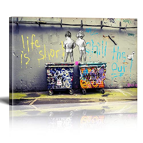 Banksy Bilder Life Is Short Banksy Wandbilder XXL Leinwand-Bild Graffiti Street Art Print Modern Bild für Wohnzimmer Büro fertig Home Wanddekoration zum Aufhängen Mit Rahmen（50×70cm）19.7×27.5 Zoll von Chenbing Art