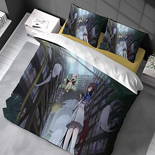 Bettwäsche Anime 3 Stück Niedlichen Bettwäsche Set mit Reißverschluss und 2 Kissen Weiche Flauschige Atmungsaktive Geeignet Für Otaku Und Anime-Fans (Genshin Impact HT8, 135x200cm+80×80cm×2) von Chenbing Art