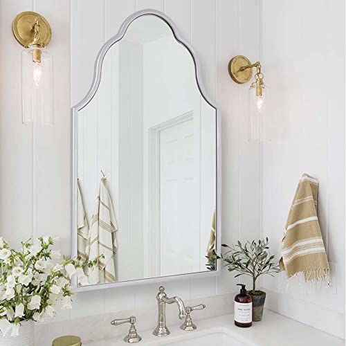 Chende Gewölbter Spiegel für Wand, 81,3 x 50,8 cm, marokkanischer Badezimmerspiegel mit Holzrahmen, silberfarbener gewellter Spiegel für Wohnzimmer, Eingangsbereich, Schlafzimmer von Chende