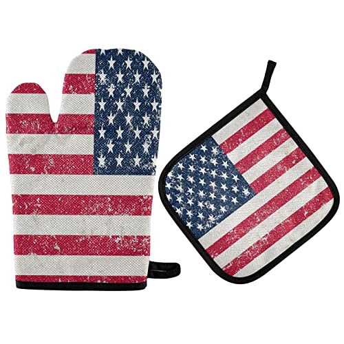 Topflappen Handschuh Grunge Usa-Flagge Retro-Amerika-Unabhängigkeitstag Bakewa Grillhandschuhe Waschbar Küche Topfhandschuhe Lustig Ofenhandschuh Und Topflappen Set Für Kochen, Geschenke von Chengdou small pill bear trading Co., LTD