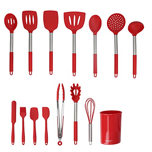 15PCS Silicone Cooking Utensil Set with Stainless Steel Handles for Includes Spatulas, Spoons, and More Heat and to Ideal for and Home Chefs (All red) von ChengyuWei