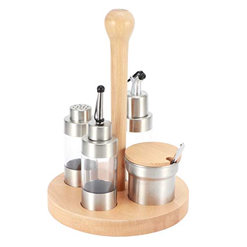 Beech Wood Seasoning Rack Set with 304 Stainless Steel Condiment Pots, Transparent Dust Cover, Storage and Refill for Cooking (Round wooden frame) von ChengyuWei