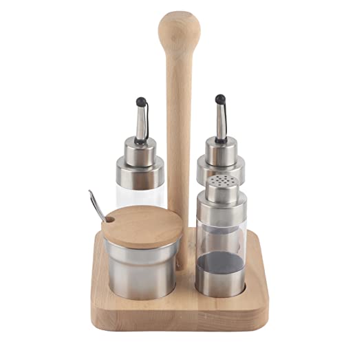 Beech Wood Seasoning Rack Set with 304 Stainless Steel Condiment Pots, Transparent Dust Cover, Storage and Refill for Cooking (Square wooden frame) von ChengyuWei