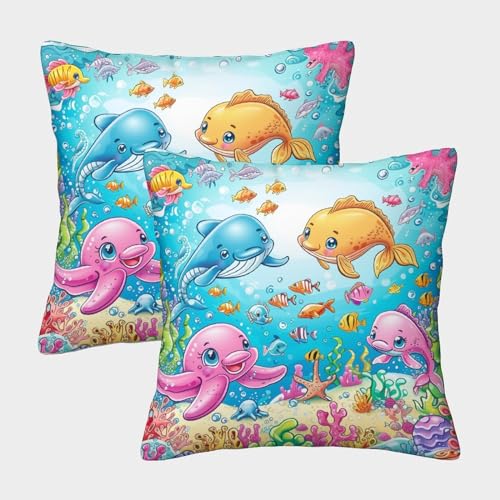Delfin Unterwasserwelt Bunt Gedruckt Bequemes Kissen Throw Kissenbezug Für Bett Stuhl Art Deco Modern Geschenk Jahrestag 40x40cm,Packung Mit 2 von ChengzeTCo