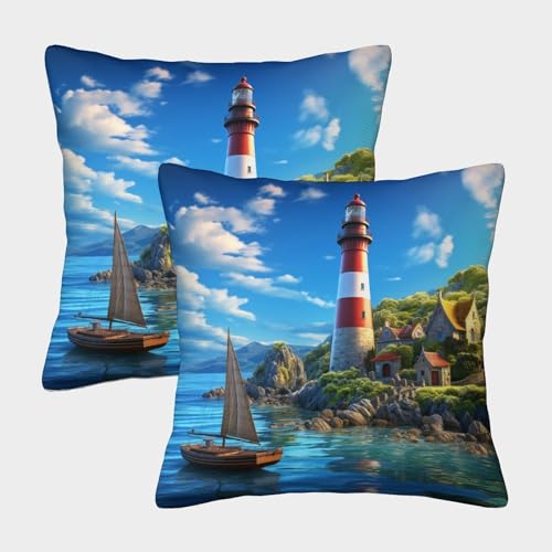 Leuchtturm Bunt Gedruckt Bequemes Kissen Throw Kissenbezug Für Couch Wohnzimmer Art Deco Modern Geschenk Wurf 40x40cm,Packung Mit 2 von ChengzeTCo