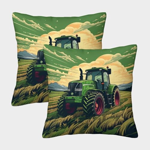Grüner Traktor Bunt Gedruckt Bequemes Kissen Throw Kissenbezug Für Couch Wohnzimmer Art Deco Modern Geschenk Jahrestag 40x40cm,Packung Mit 2 von ChengzeTCo
