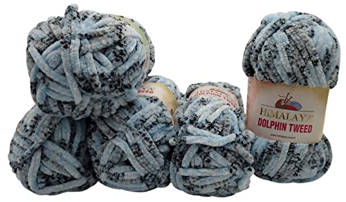 Chenille 5 x 100 Gramm Himalaya Dolphin Tweed Strickwolle, 500 Gramm Baby- Wolle zweifarbig gesprenkelt (hellblau schwarz 92007) von Chenille