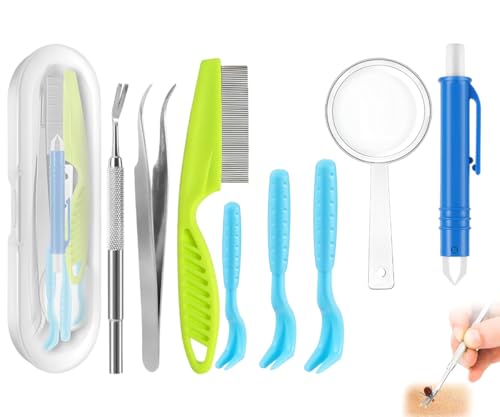 Chenivesss Zeckenentferner Set Für Hunde Katze Mensch, 9 In 1 Set Mit Etui, 3er Set Zeckenhebel, 1 Zeckenhaken, 1 Zeckenzange Pinzette, Lupe, Zeckenentferner für Kinder und Haustier von Chenivesss