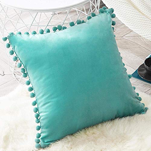 2 glänzende Samt Kissenbezug mit Ball skandinavischen Dekor Kissen Wohnzimmer Innendekoration Sofa Modernes Schlafzimmer-80 x 80 cm_Türkisgrün_ von Chenso