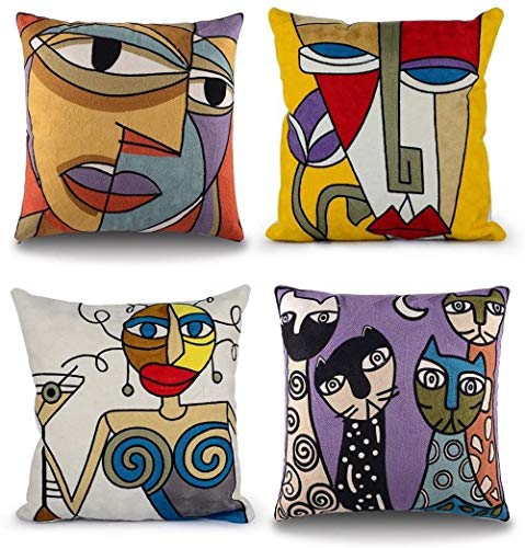 Chenso 4er-Set Picasso Kissenbezug 45x45cm Vintage Abstraktes Muster Drucken Plüsch Dekorative Kissenbezüge für Moderne Sofas Schlafzimmer Büro-45 x 45 cm_Gelb_Stil-1 von Chenso