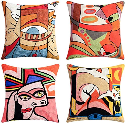 Chenso 4er-Set Picasso Kissenbezug 45x45cm Vintage Abstraktes Muster Drucken Plüsch Dekorative Kissenbezüge für Moderne Sofas Schlafzimmer Büro-45 x 45 cm_Orange_Stil-2 von Chenso