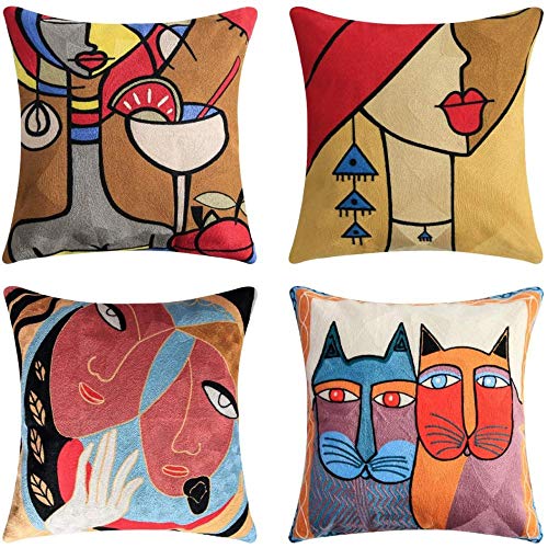 Chenso 4er-Set Picasso Kissenbezug 45x45cm Vintage Abstraktes Muster Drucken Plüsch Dekorative Kissenbezüge für Moderne Sofas Schlafzimmer Büro-45 x 45 cm_rot_Stil-4 von Chenso