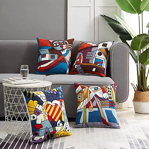 Chenso 4er-Set Picasso Kissenbezug 45x45cm Vintage abstrakte Muster in Baumwolle-Leinen dekorative Kissenbezüge für Moderne Sofas Schlafzimmer Büro-45 x 45 cm_Marine_ von Chenso