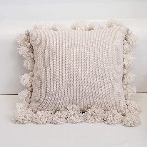 Chenso Gestrickte Kissenbezüge mit Pompons Quaste Boho Gestreiftes Kabel Strick-Kissenbezüge Dekoratives Kissenbezug-Set für das Sofa-Sofabett zu Hause-20 x20_T-beige von Chenso