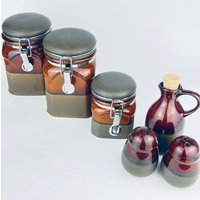 Vintage Arbeitsplatten-Behälter-Set + Salz/Pfeffer Öl-Karaffe | Korkverschlüsse - Braune Tropfglasur Graue, Matte Keramik-Lattenversiegelung von ChenuzAtelier