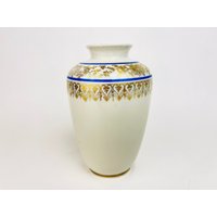 Vintage Bavaria Crown Germany - Gold Blumen + Blaue Streifen Gemusterte Vase von ChenuzAtelier
