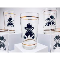 Vintage Bowling Pin + Ball Federal Gläser/Barware - Fünfer-Set | 5 Hohes Klares Glas Mit Gold Schwarz von ChenuzAtelier