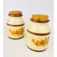 Vintage Braun Glasierte Keramik Küche/Bad Arbeitsplatte Kanister 2Er-Set | 2 - Blumenmuster + Korkoberseite Made in Canada von ChenuzAtelier