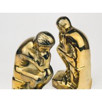 Vintage Buchstützen Aus Massivem Messing "Thinker Man' - Attraktive Gealterte Metallpatina Golddekor von ChenuzAtelier