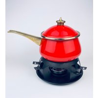 Vintage Rot + Gold Fondue Set - Messing Porzellan Emaillierter Schüssel Metall Holzspieß Von Sechs | 6 von ChenuzAtelier