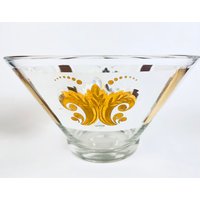 Vintage Runde Klare Große Glasschale - Gold Auf Weißer Fleur-De-Lis Dekorative Obstschale von ChenuzAtelier